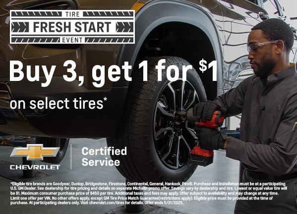 Buy 3 Tires, get 1 for $1 at your nearest Chicagoland or Northwest Indiana Chevy Dealer | Chevy Drives Chicago
